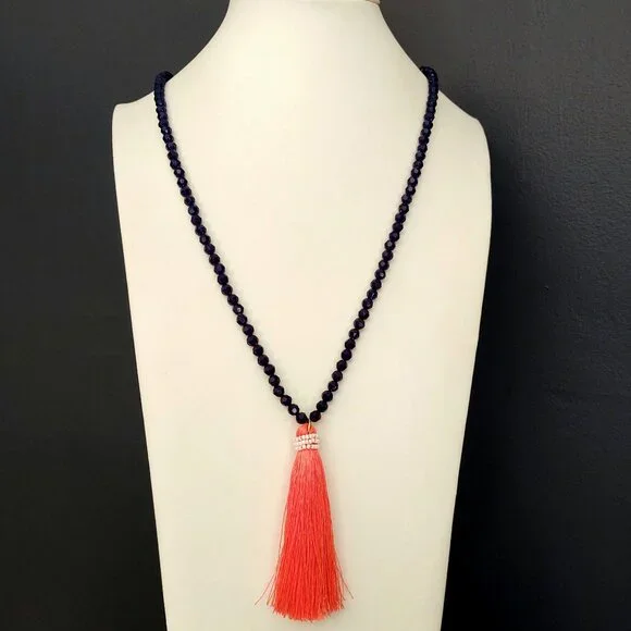 Navy beaded necklace with florescent orange thread tassel - Picture 2 of 12